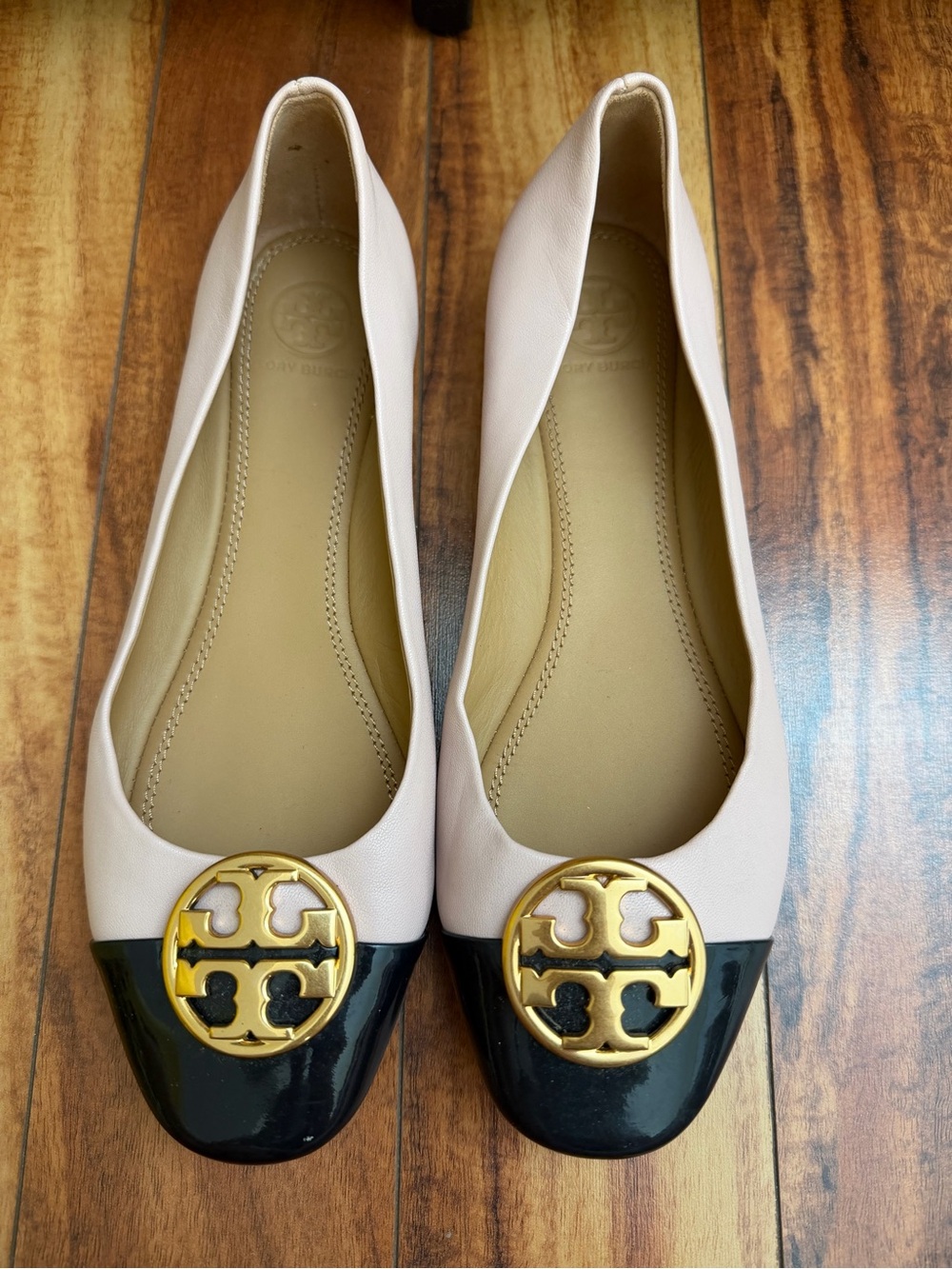 Tory Burch Two-Tone Pink and Black Logo Cap-Toe Flats